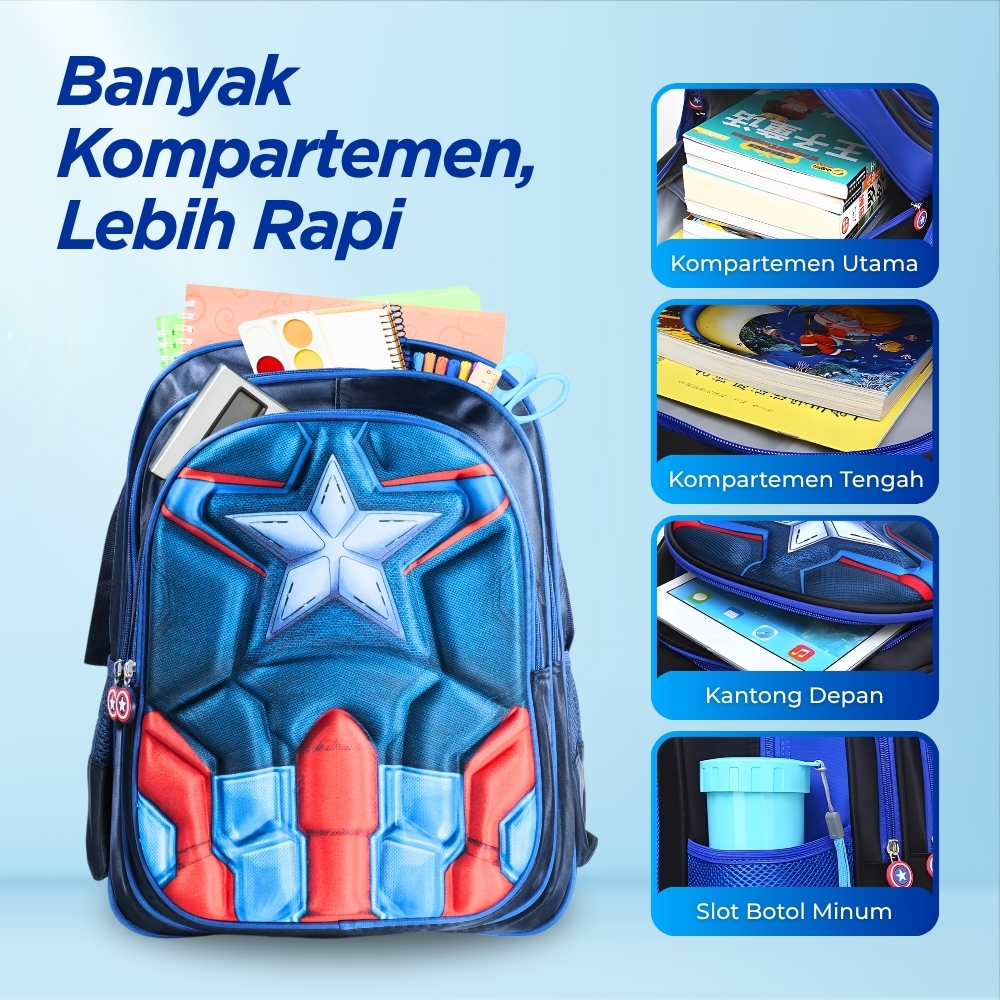 Gambar produk JINMA HONGJIA Tas Sekolah Anak Karakter Kartun Captain America S - KKH001