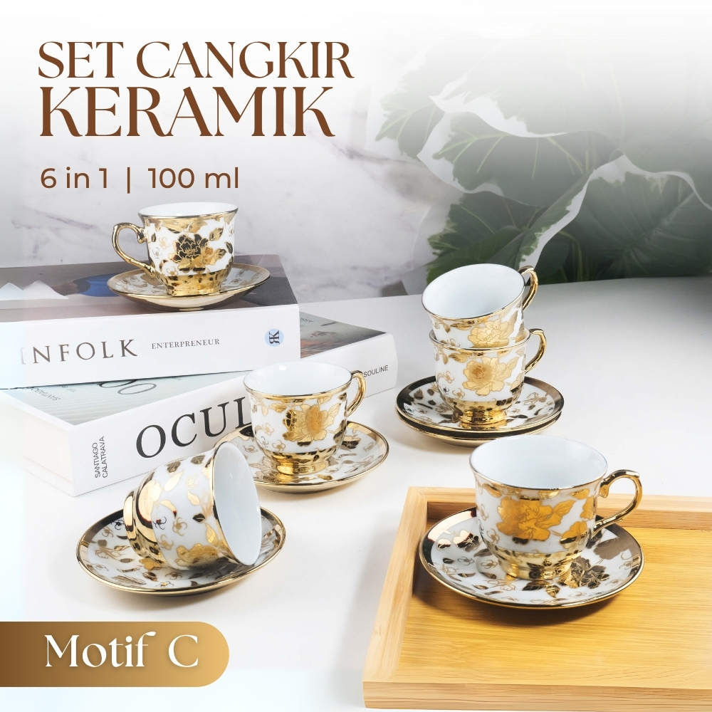 Gambar produk SF Set Cangkir Kopi Keramik 6in1 Electroplating Tea Coffee Cup 100ml C - SF141