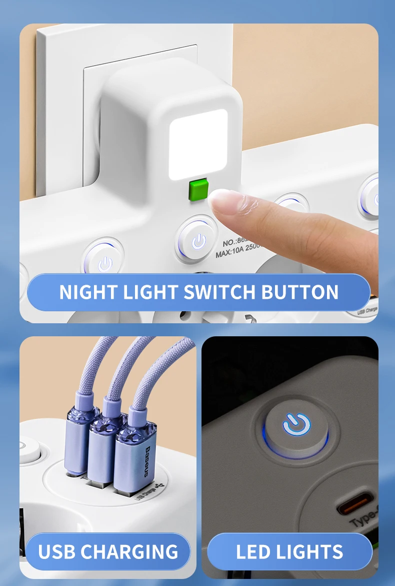 Gambar produk PLUGO Stop Kontak 4 Lubang USB Type C EU Plug 10A 110-250V 2500W - EU-8625UL
