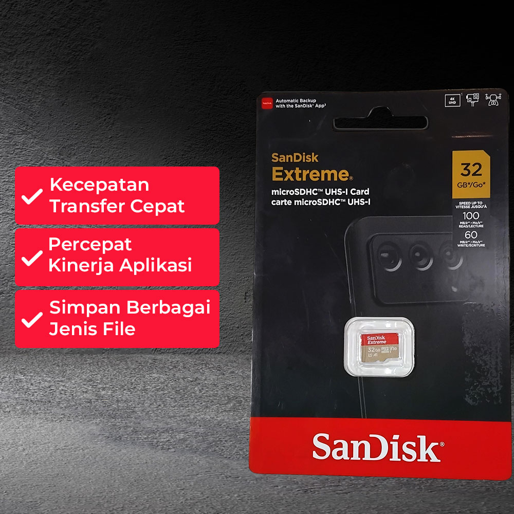 Gambar produk SanDisk Extreme MicroSDHC UHS-I Class 30 A1 100MB/s 32GB - SDSQXAF-GN6MN