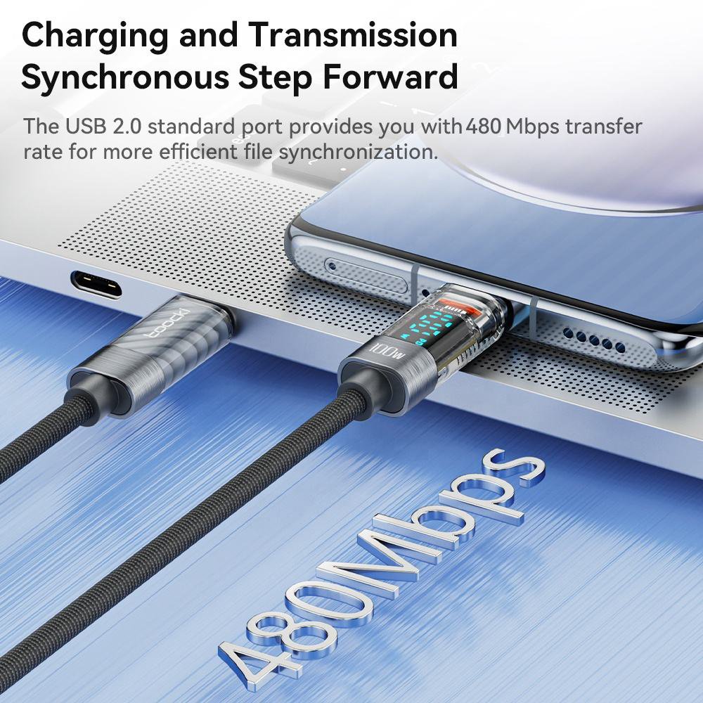 Gambar produk Toocki Kabel Data USB Type C to Type C Fast Charging LED Display 100W 2M - TXCTT1-ZXA0G