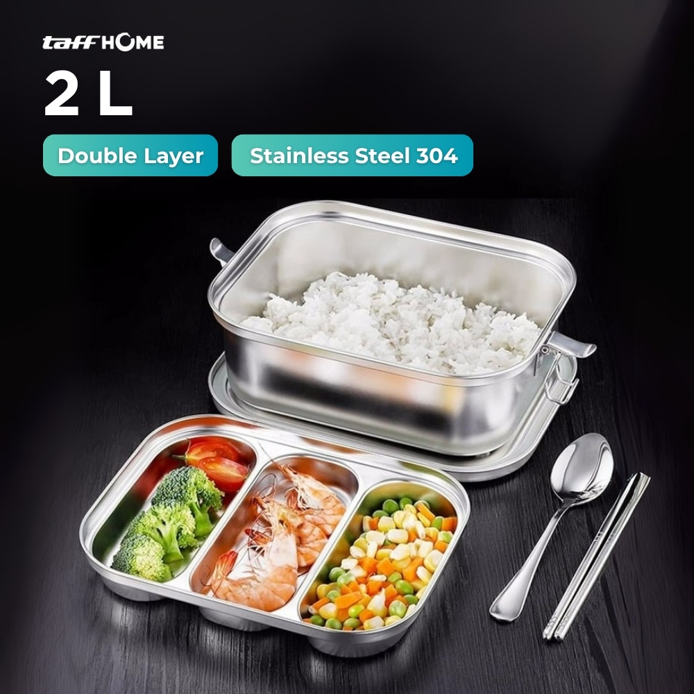 Gambar produk TaffHOME Kotak Makan Lunch Box Stainless Steel 304 2L Triple Compartment - HS233