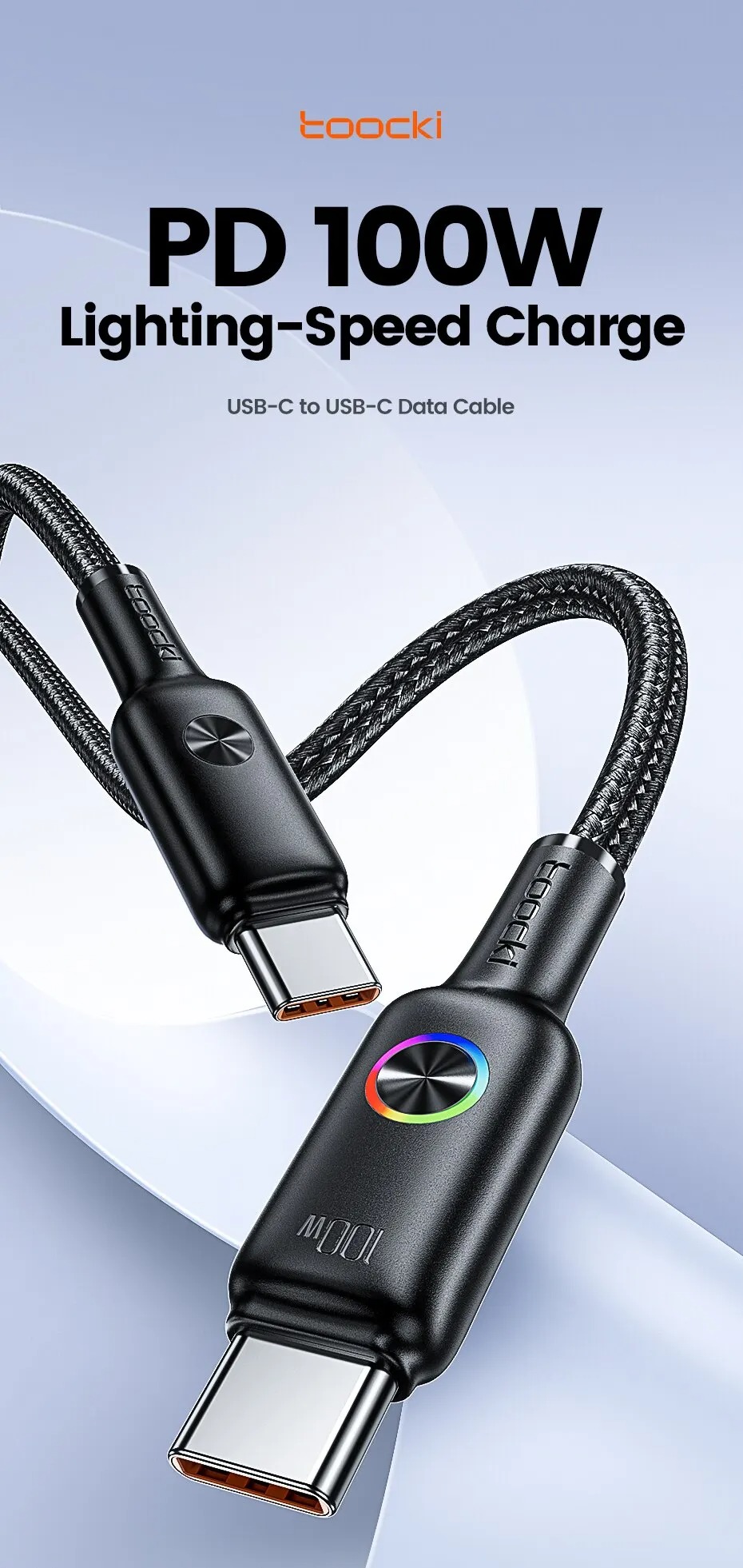 Gambar produk Toocki Kabel Data USB Type-C Multifungsi Fast Charging RGB 20V 6A 100W 1.8M - TQ-X45