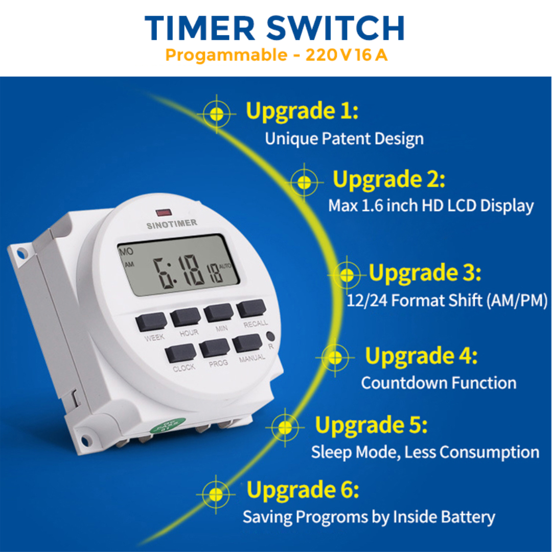 Gambar produk SINOTIMER Programmable Digital Timer Switch Relay 16 Program 220V/16A - TM618N-2