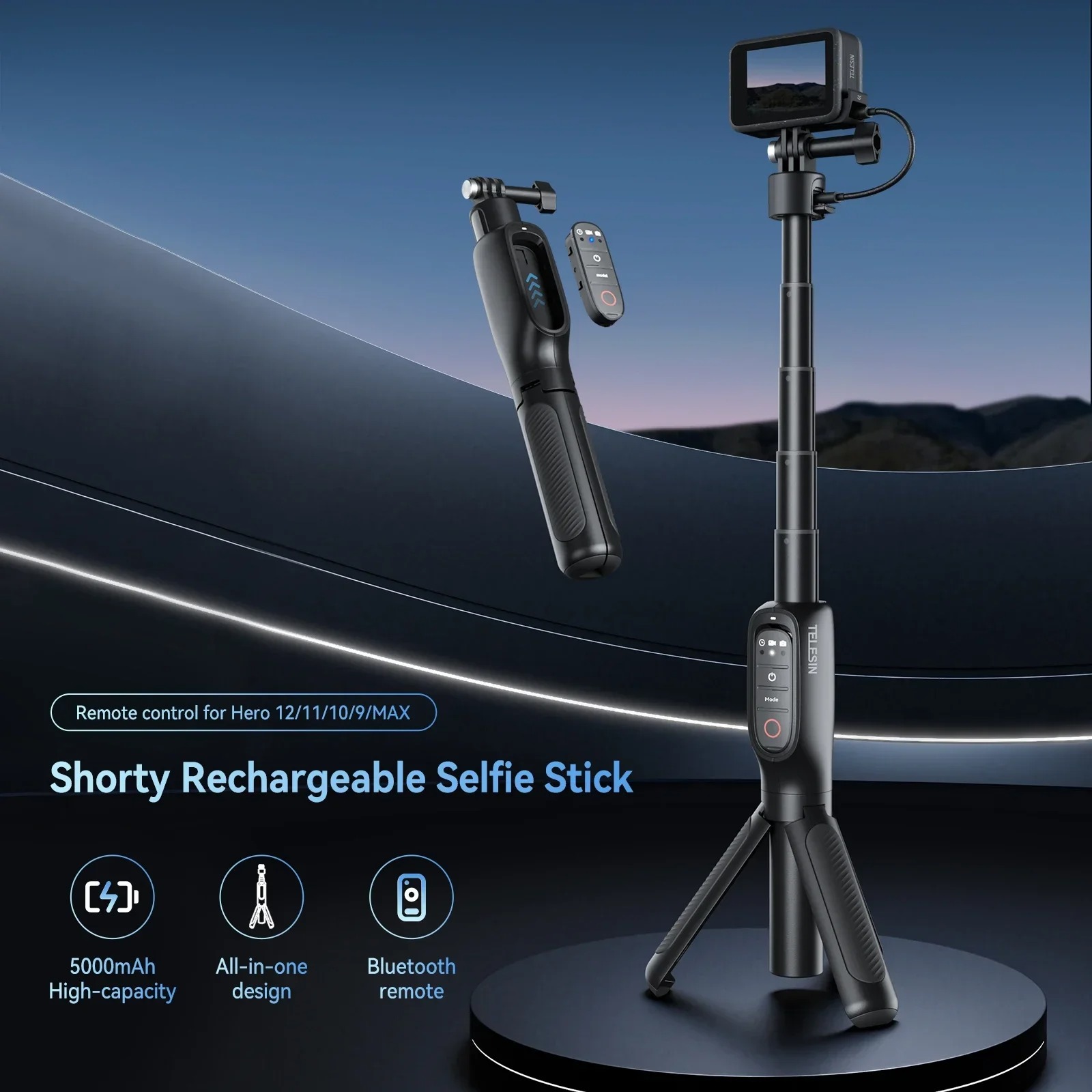 Gambar produk TELESIN Tripod Kamera Aksi Tongsis Monopod Power Bank Bluetooth Remote - S1-CSS-01-TGP
