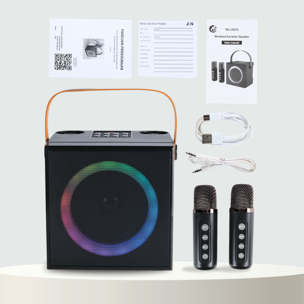 Gambar produk Vocay Speaker Bluetooth Karaoke Portable RGB with 2 Microphone 10W - WJ-A836