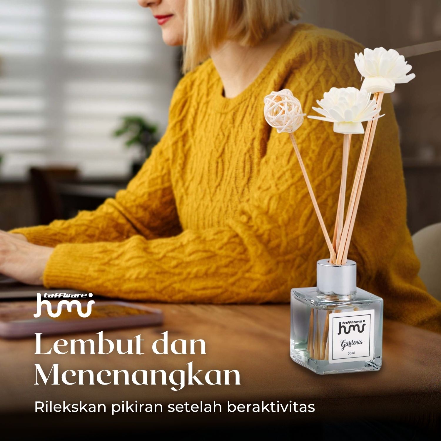 Gambar produk Taffware HUMI Pengharum Ruangan Reed Diffuser with Rattan Sticks 50ml Gardenia - DF-099