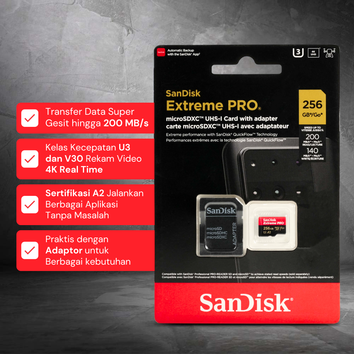 Gambar produk SanDisk Extreme Pro microSDXC UHS-I A2 V30 200MB/s 256GB-SDSQXCD-256G