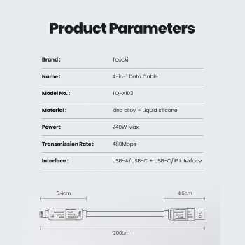 Gambar produk Toocki Kabel Data 4in1 Fast Charging USB A Type C Lightning 240W 2M - TQ-X103