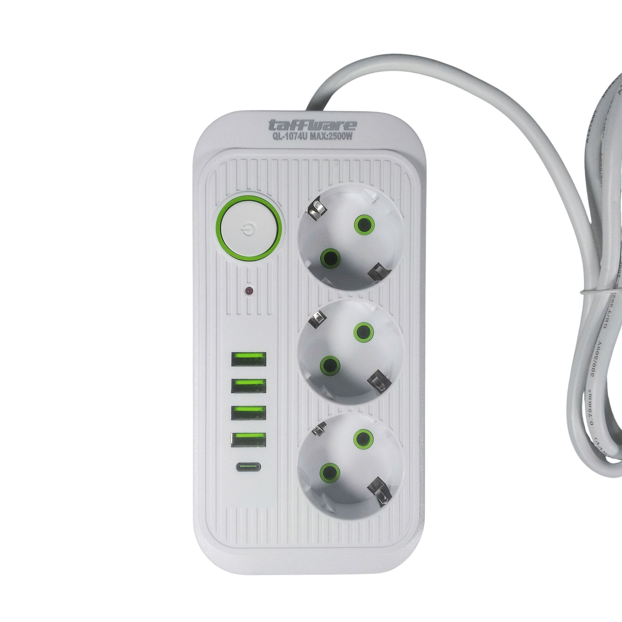 Gambar produk Taffware Stop Kontak 3 Plug 4 USB 1 USB Type C 10A 250V 2500W 2.1A - QL-1074U