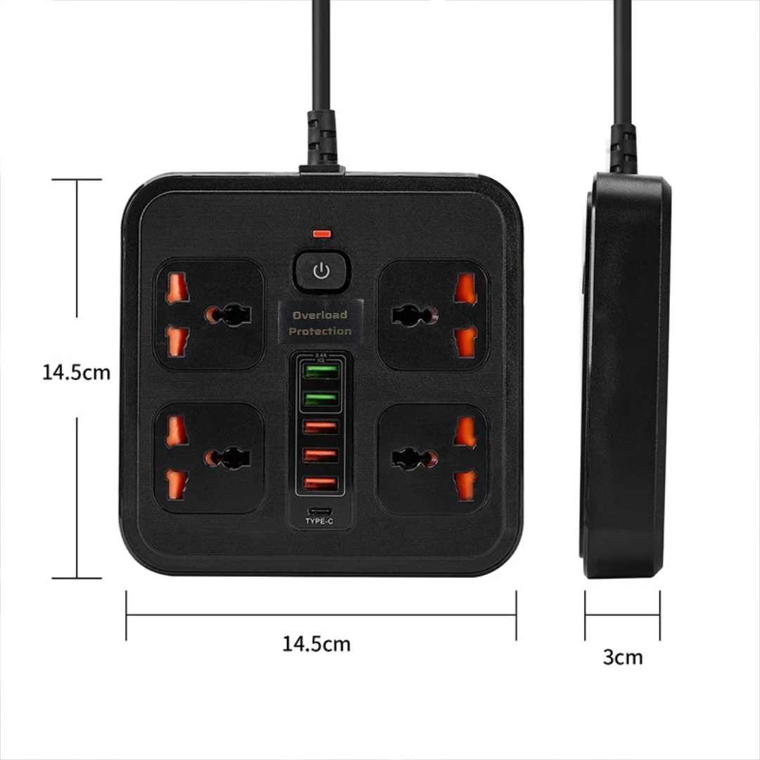 Gambar produk AMJ Stop Kontak 4 Lubang Universal USB EU Plug 10A 250V 3000W 2M - BKL-666