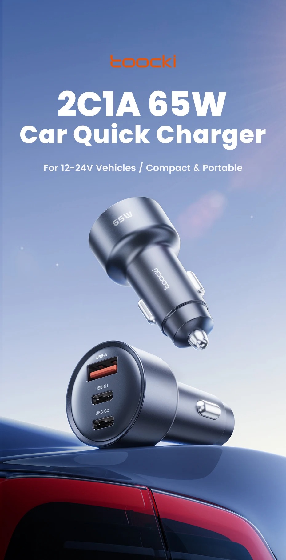 Gambar produk Toocki Car Charger Mobil Fast Charging 3 Port 12-24V C 65W - TQ-CC45