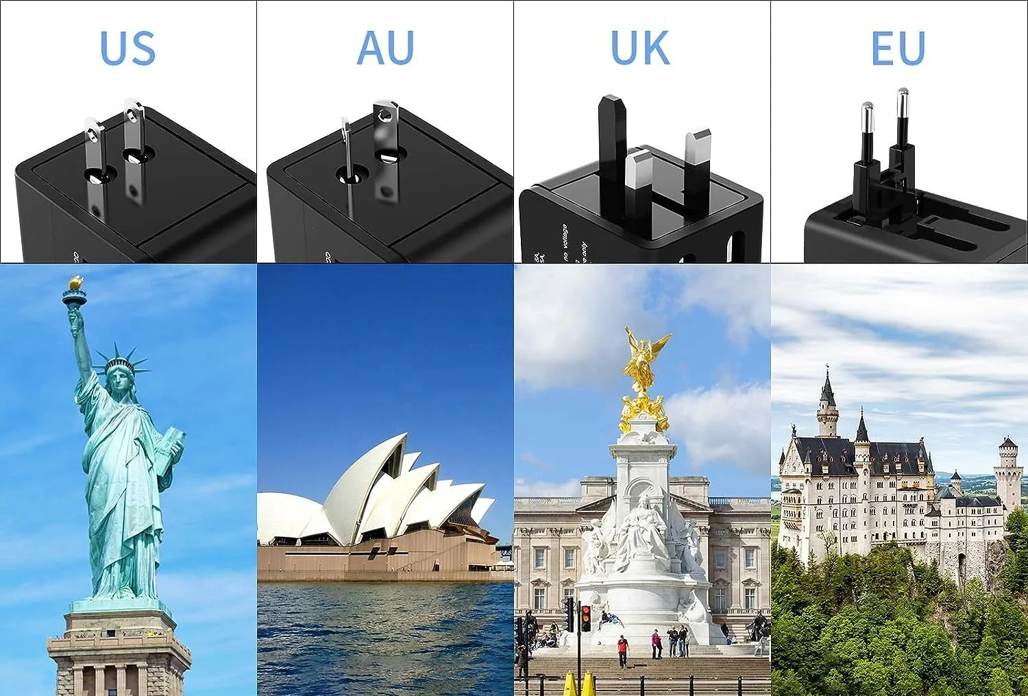 Gambar produk COKYI Travel Adaptor Universal Plug EU UK US/AUST 2.1A USB A USB C - C021