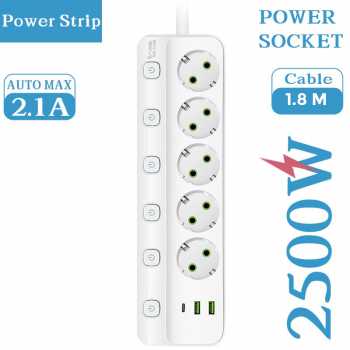 Taffware Stop Kontak 5 Lubang USB Type C EU Plug 10A 110-250V 2500W - QL-1098U