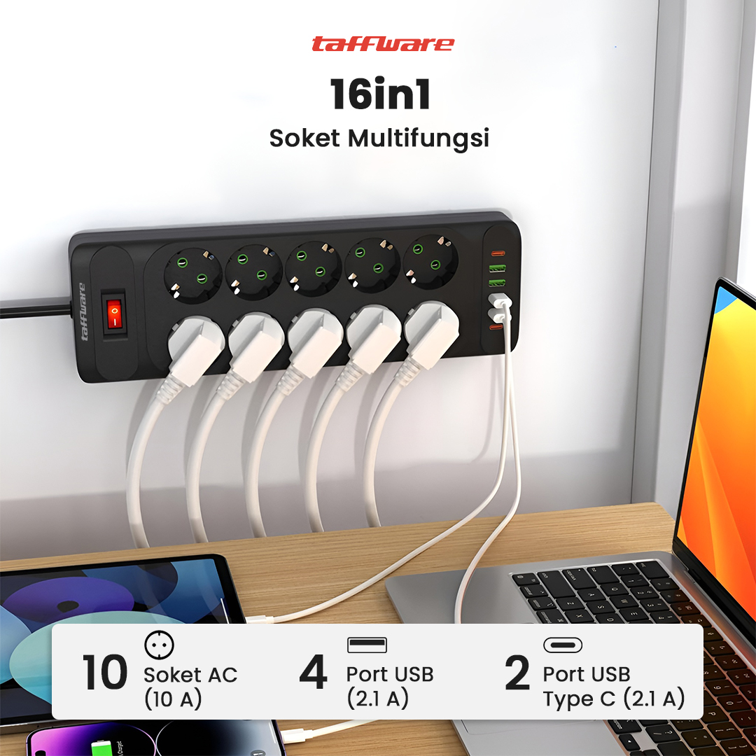 Gambar produk Taffware Stop Kontak USB Type C EU Plug 10A 110-250V 2500W 10 Lubang - QL-1077U / QL-1078U