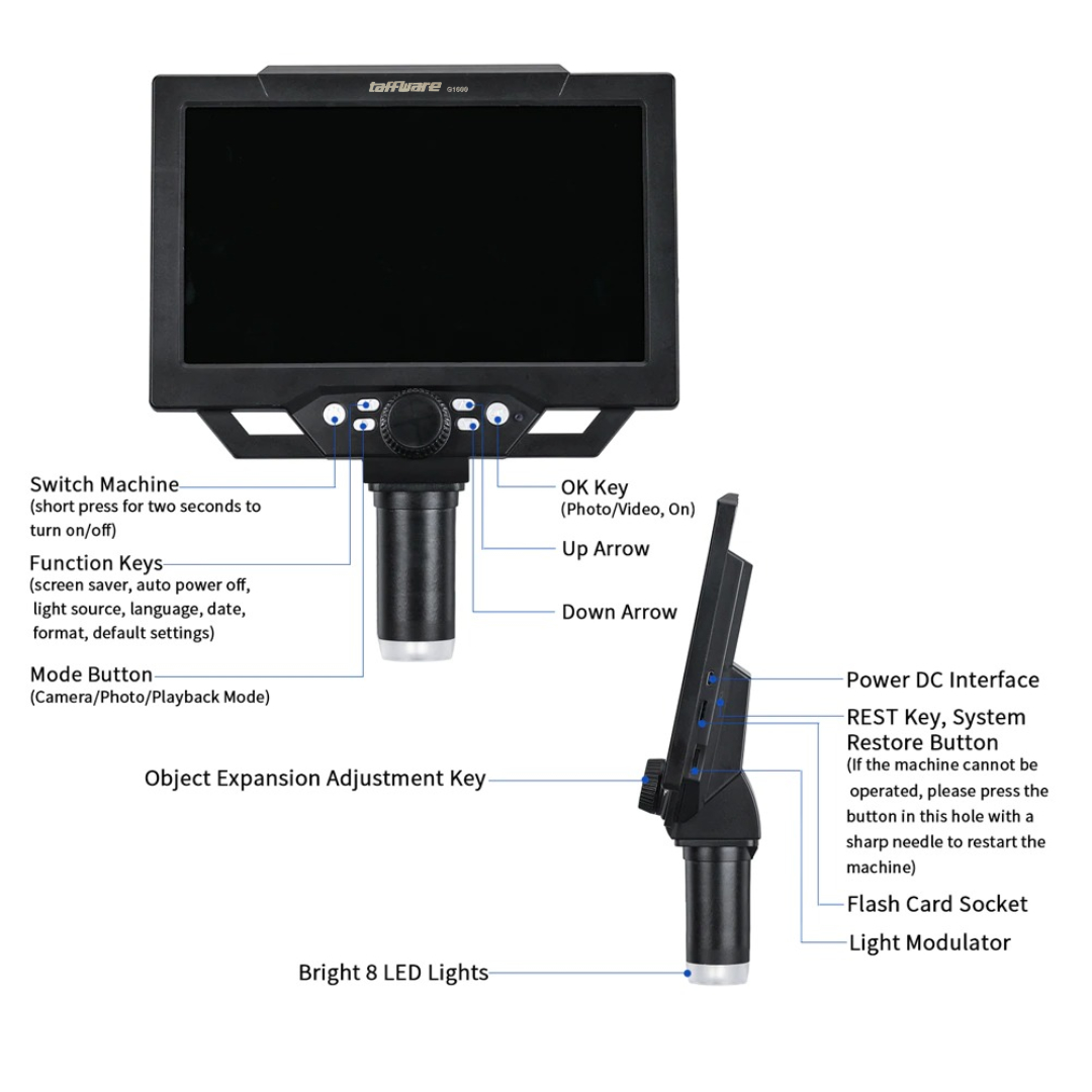 Gambar produk Taffware Mikroskop Digital 12MP 1600X dengan Monitor and Metal Stand - G1600