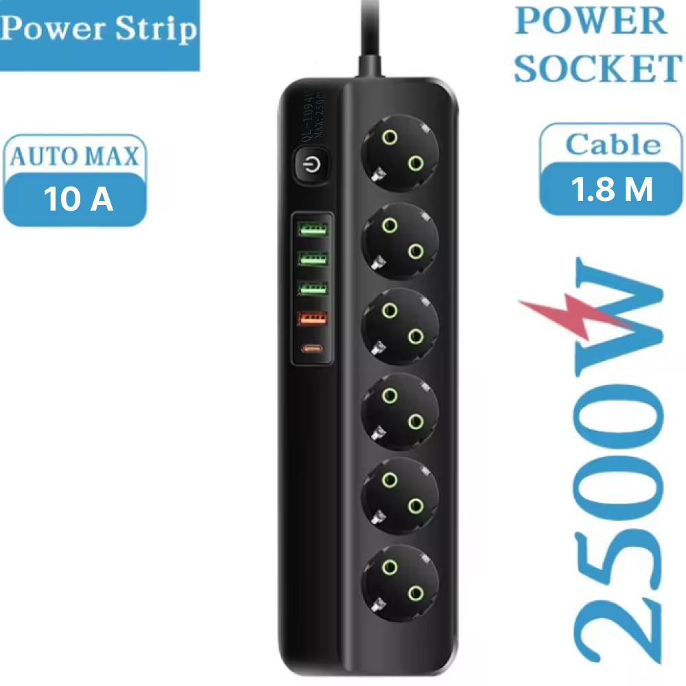 Gambar produk QIAOLIAN Stop Kontak 6 Lubang USB Type C EU Plug 10A 110-250V 2500W - QL-1094U