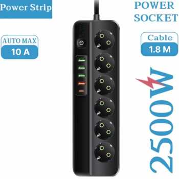 QIAOLIAN Stop Kontak 6 Lubang USB Type C EU Plug 10A 110-250V 2500W - QL-1094U