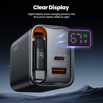 Gambar produk Toocki Fast Charger Digital Display with Retractable USB-C Cable 67W - TCT67-34B1