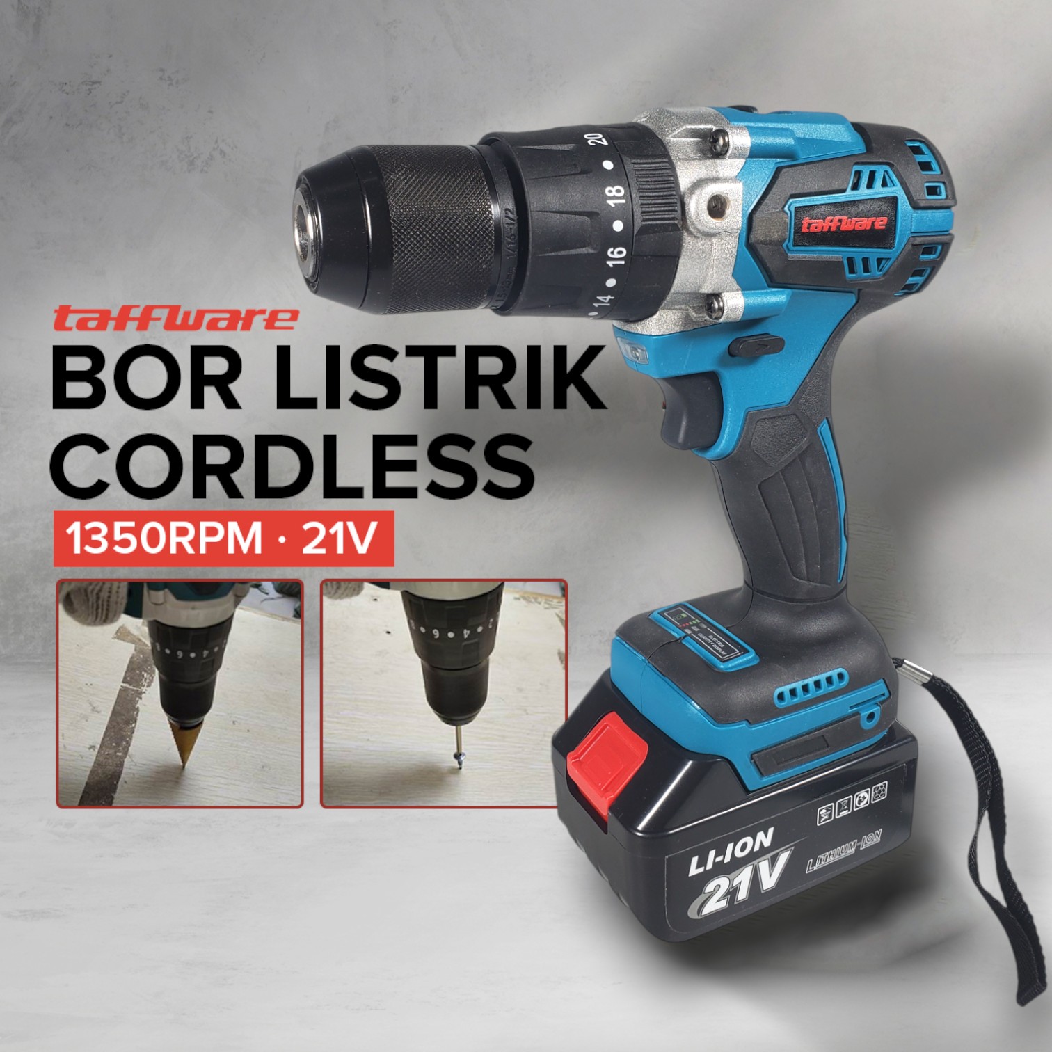 Gambar produk Taffware Bor Listrik Cordless Brushless 1350RPM 21V - LB176