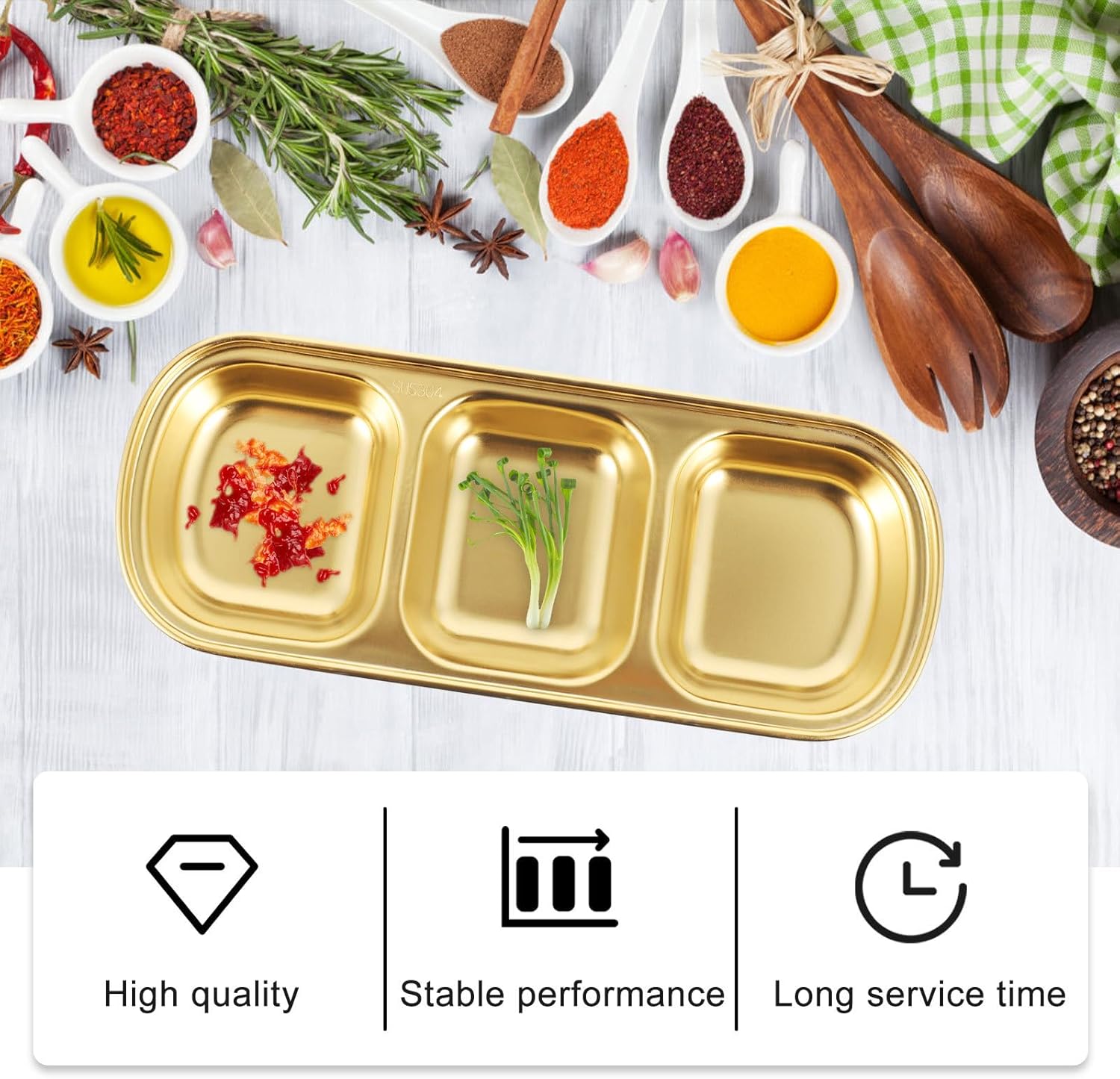Gambar produk TaffHOME Tempat Saus Kecil Square Sauce Dish Plate Stainless Steel 304 3 Grid - UC3