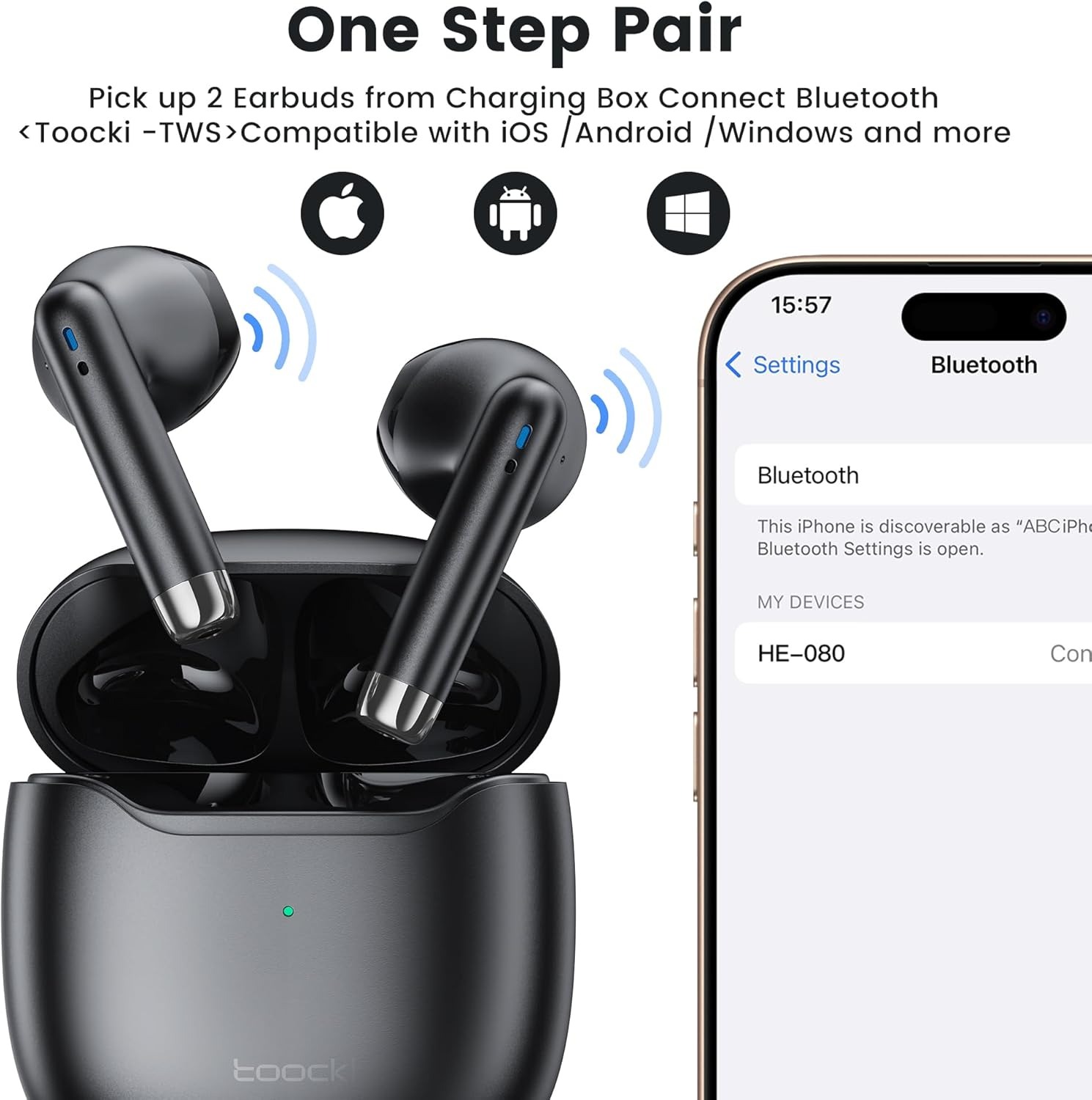 Gambar produk Toocki Earphone Bluetooth 5.3 TWS Earbuds Waterproof IPX4 - HE-080