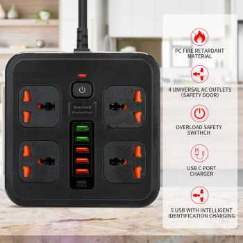 Gambar produk AMJ Stop Kontak 4 Lubang Universal USB EU Plug 10A 250V 3000W 2M - BKL-666