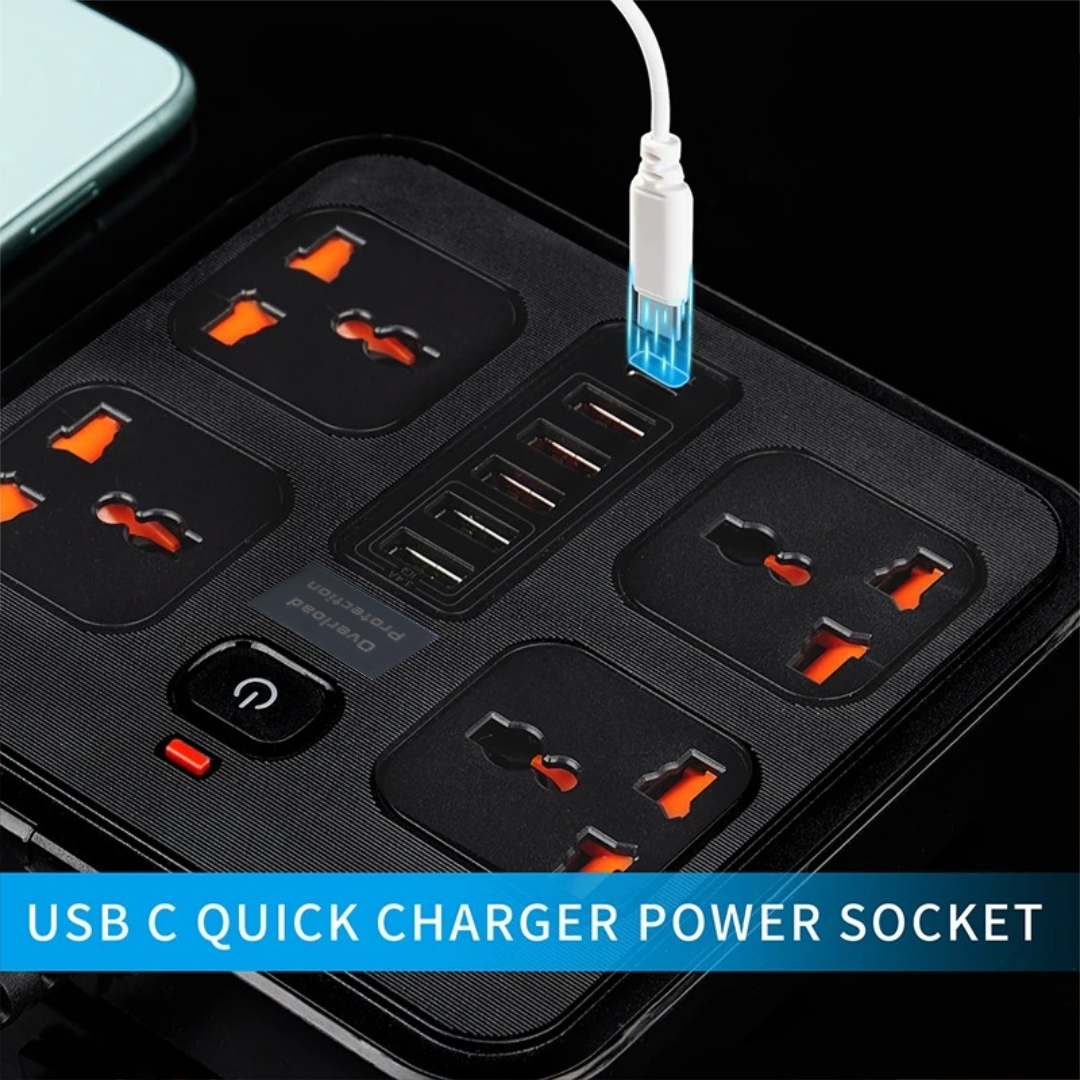 Gambar produk AMJ Stop Kontak 4 Lubang Universal USB EU Plug 10A 250V 3000W 2M - BKL-666