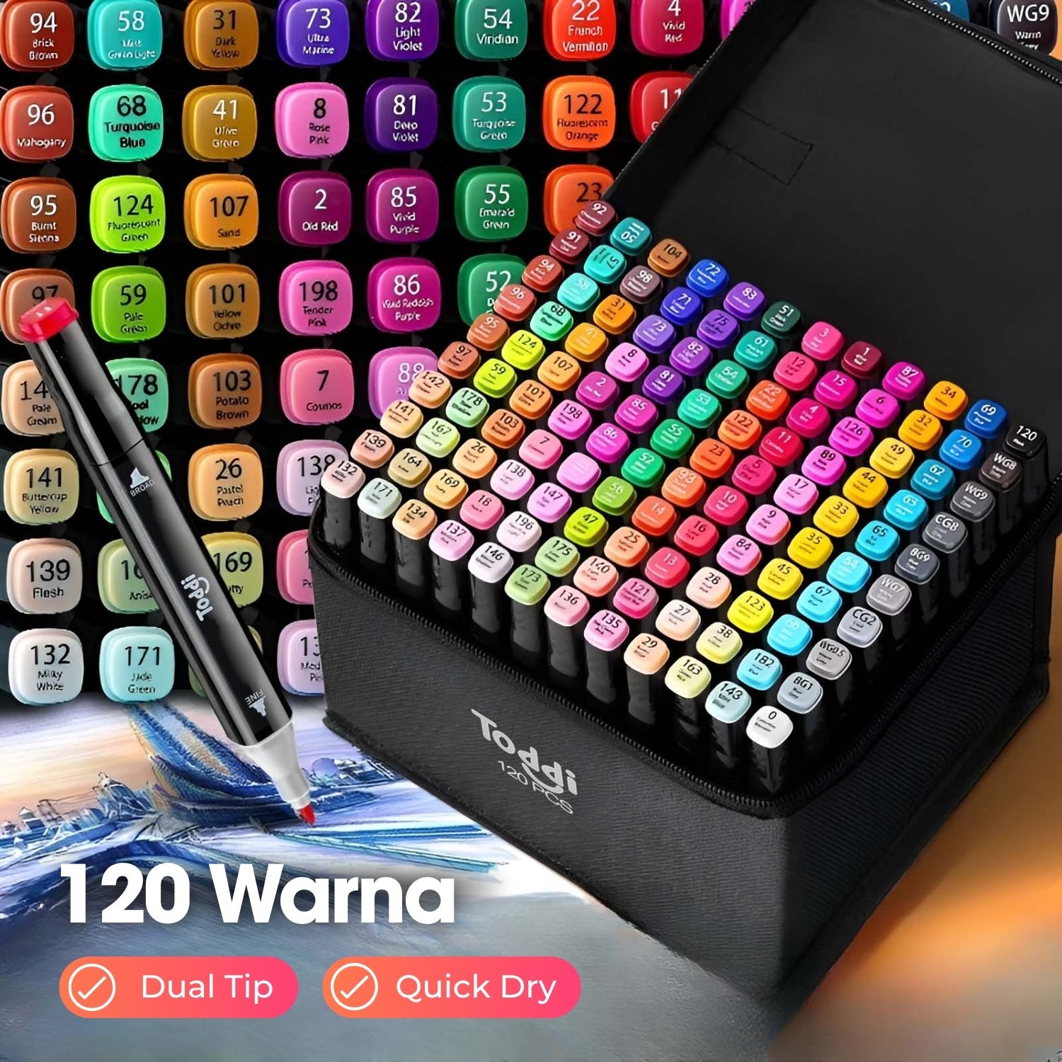 Gambar produk Toddi Spidol Dual Side Fine Art Brush Art Marker Set 120 Warna - CY-006