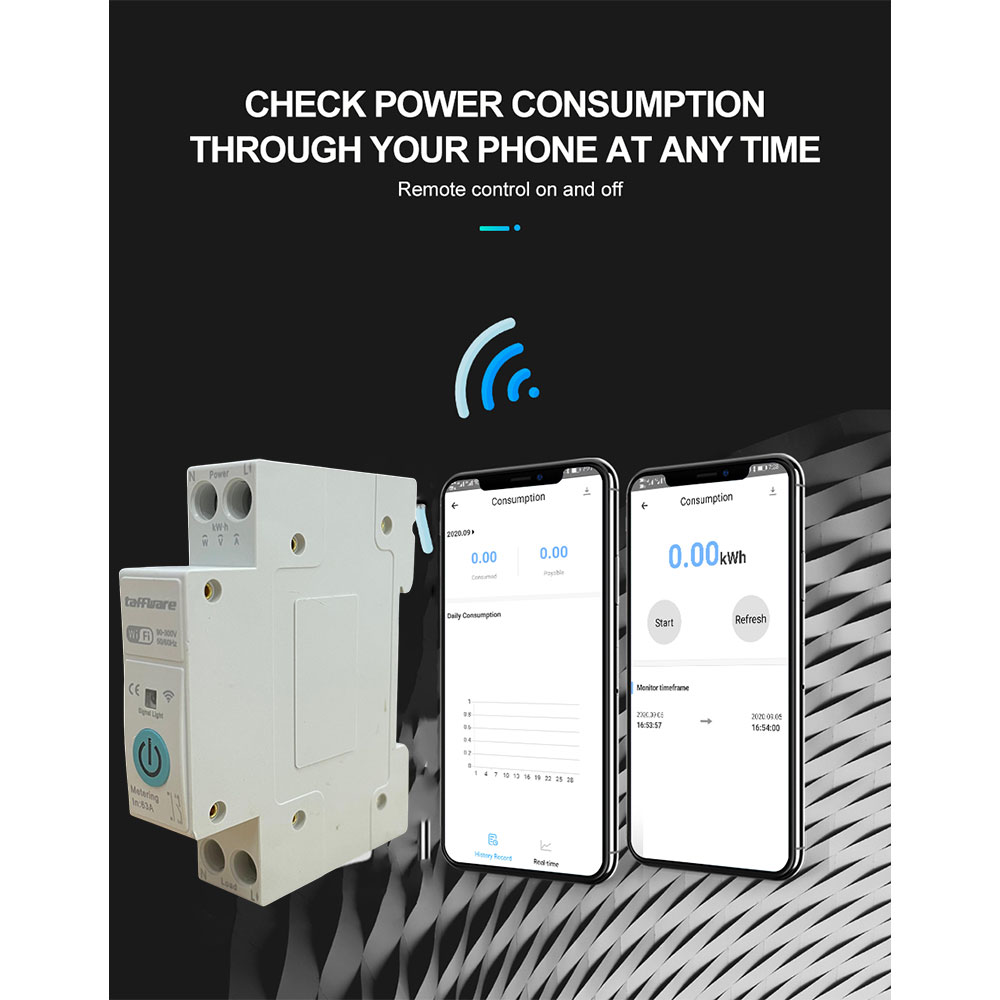 Gambar produk Taffware Din Rail 1P WiFi Circuit Breaker Smart TUYA kWh Meter Timer - 1P-J-63