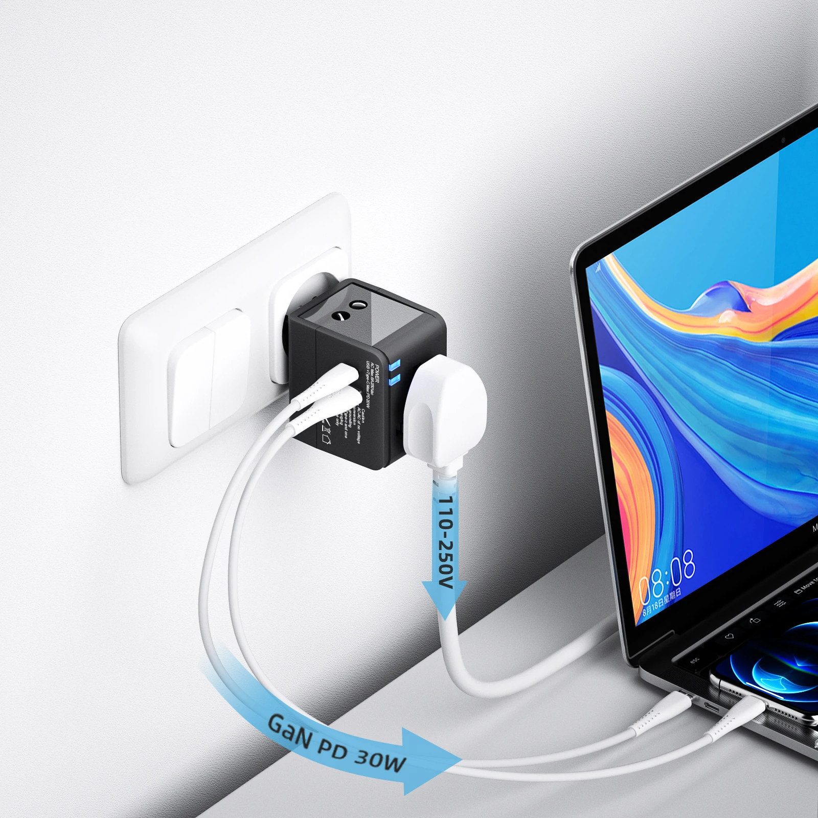 Gambar produk COKYI Travel Adaptor Universal Plug EU UK US/AUST 2.1A USB A USB C - 148-30W-1U1C