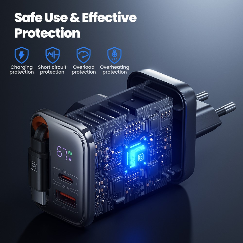Gambar produk Toocki Fast Charger Digital Display with Retractable USB-C Cable 67W - TCT67-34B1