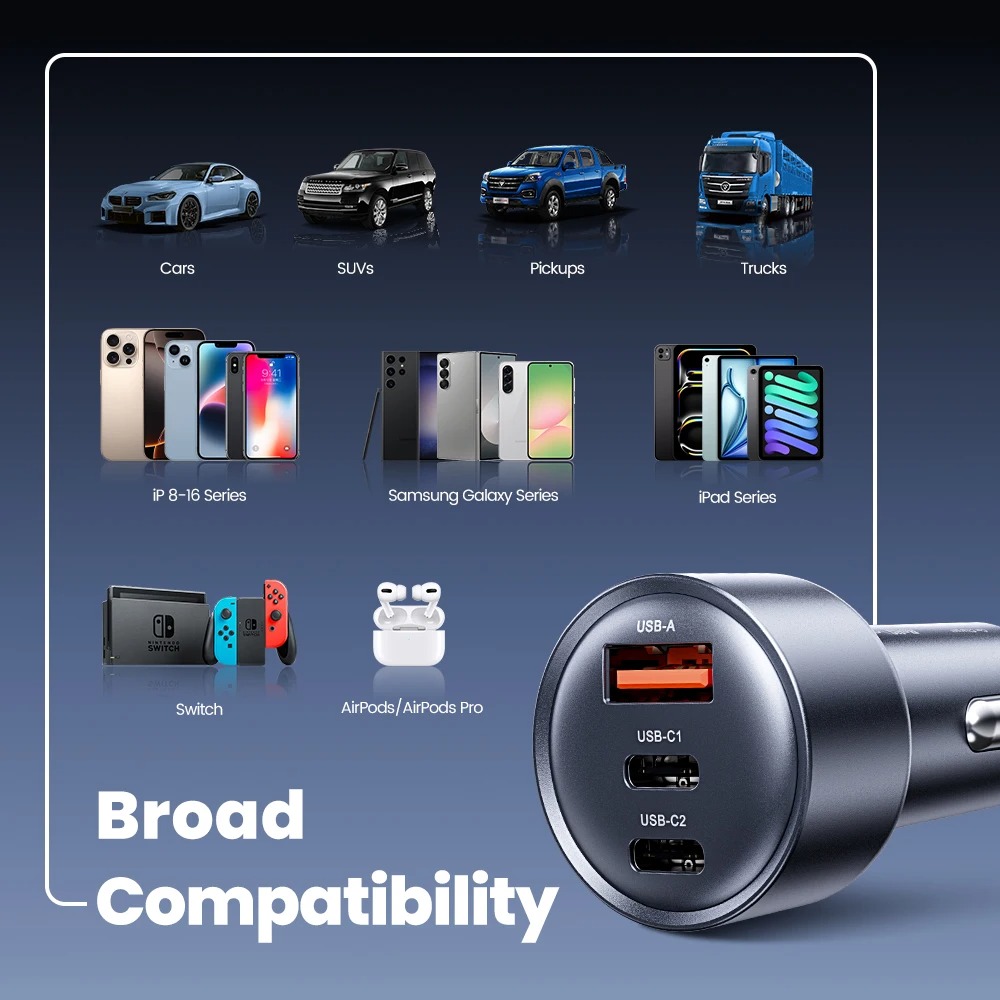 Gambar produk Toocki Car Charger Mobil Fast Charging 3 Port 12-24V C 65W - TQ-CC45