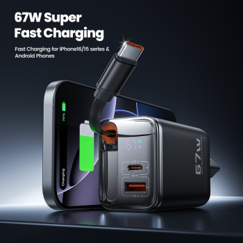 Toocki Fast Charger Digital Display with Retractable USB-C Cable 67W - TCT67-34B1