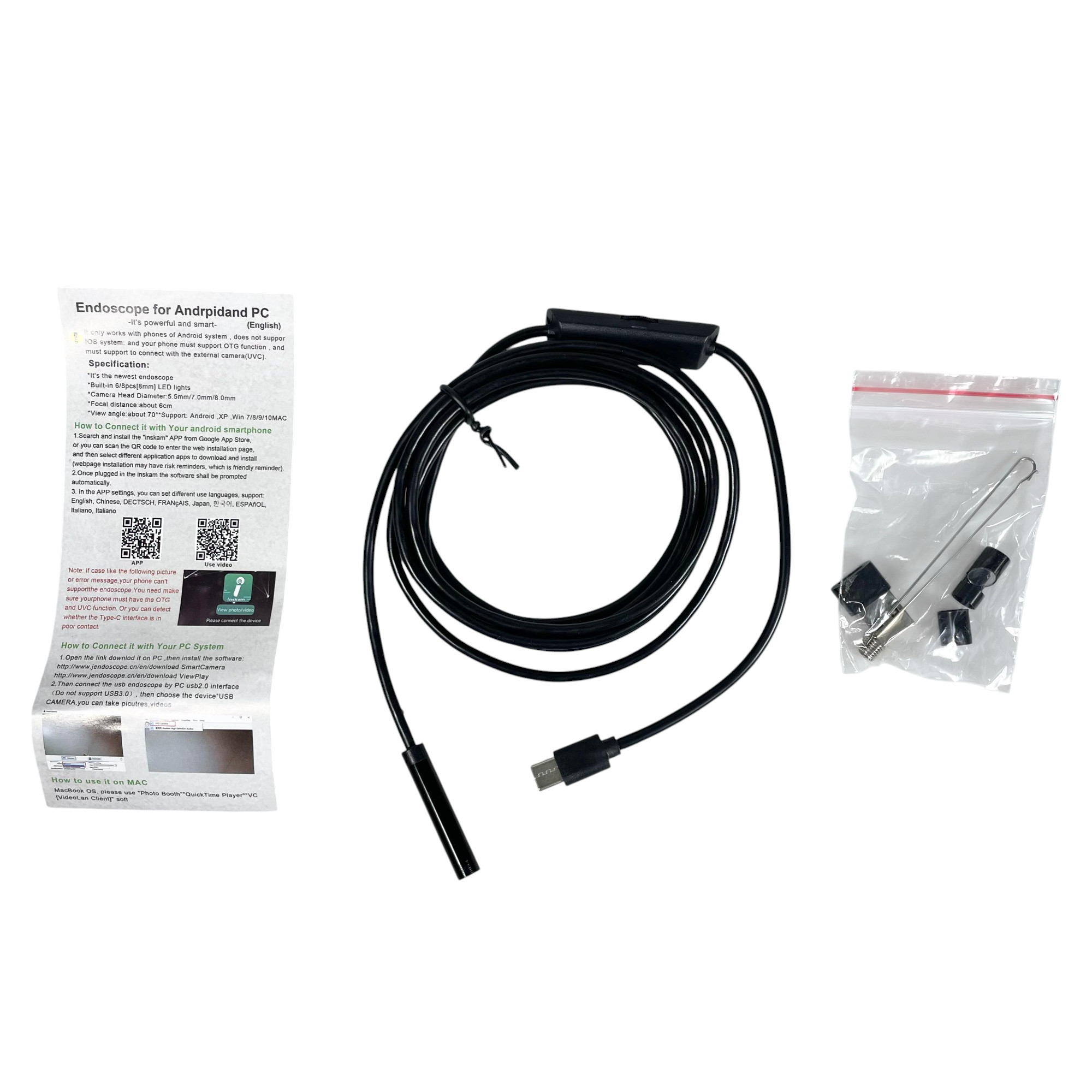 Gambar produk JCWHCAM Kamera Endoskopi Industrial Endoscope Borescope 7.0mm 6 LED 2M - N500-M