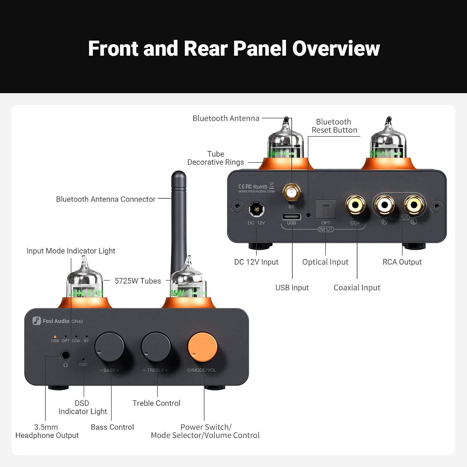 Gambar produk Fosi Audio Preamp Tube Bluetooth QCC3031 AptX LL HD Bass and Treble - GR40