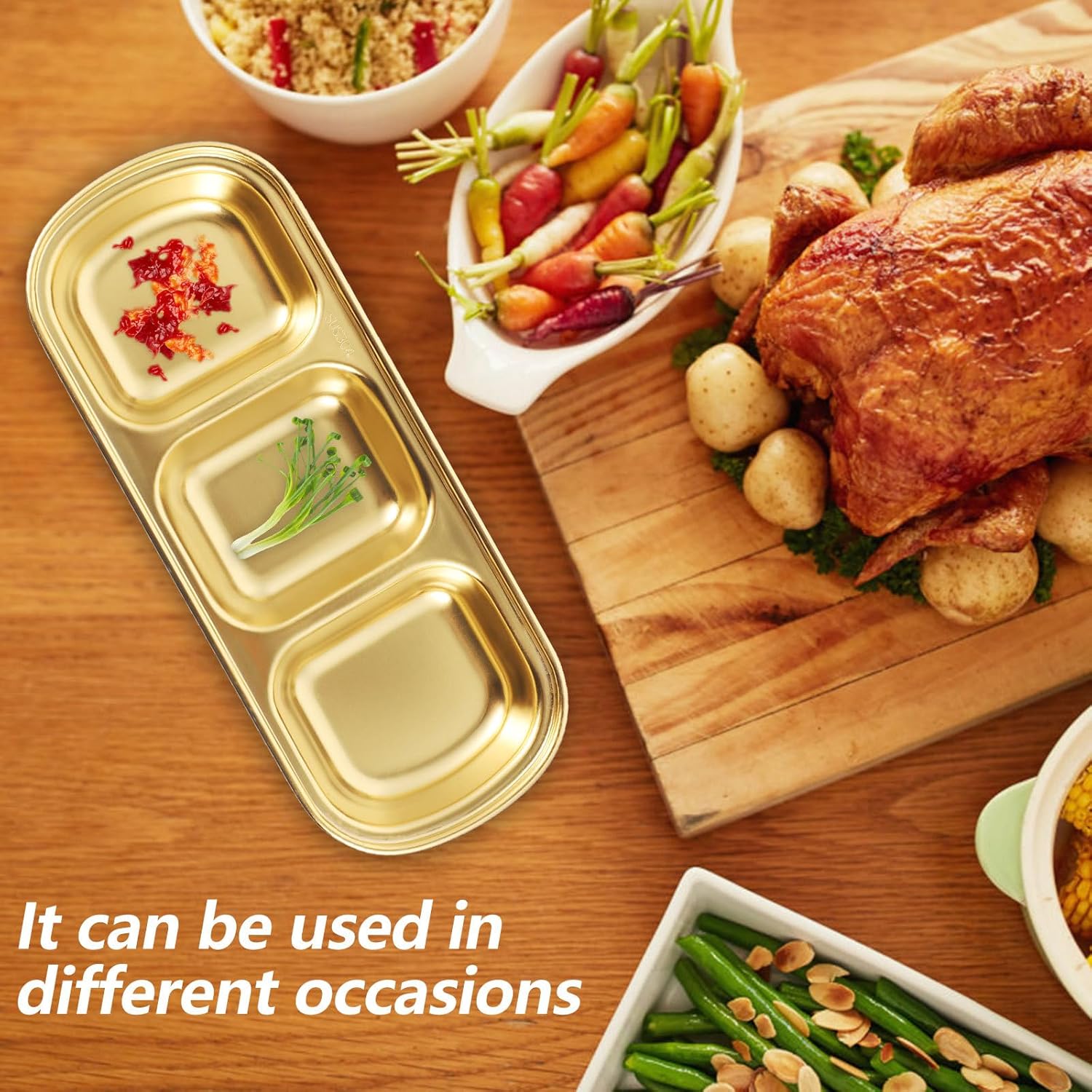 Gambar produk TaffHOME Tempat Saus Kecil Square Sauce Dish Plate Stainless Steel 304 3 Grid - UC3