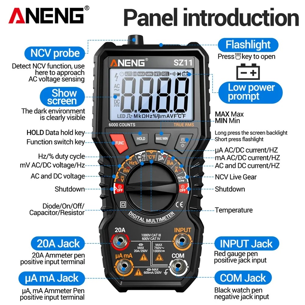Gambar produk ANENG Digital Multimeter Portable Voltage Tester NCV LCD Magnetic - SZ11