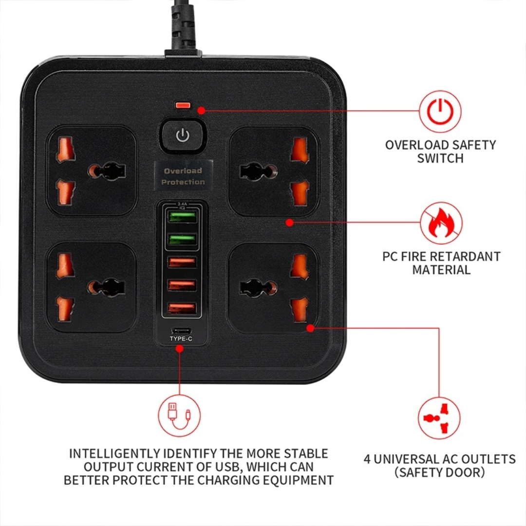 Gambar produk AMJ Stop Kontak 4 Lubang Universal USB EU Plug 10A 250V 3000W 2M - BKL-666