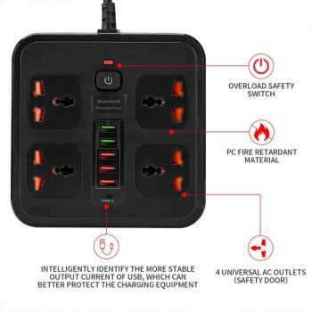 Gambar produk AMJ Stop Kontak 4 Lubang Universal USB EU Plug 10A 250V 3000W 2M - BKL-666