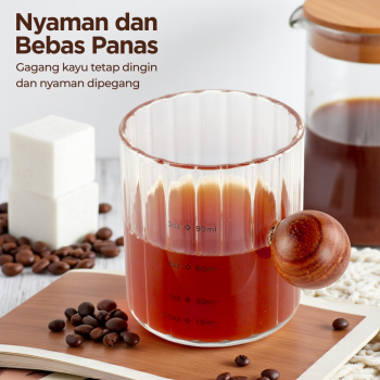 Gambar produk KESOTO Gelas Takar Kopi Espresso Shot Measuring Cup Wooden Handle 90ml - KS09