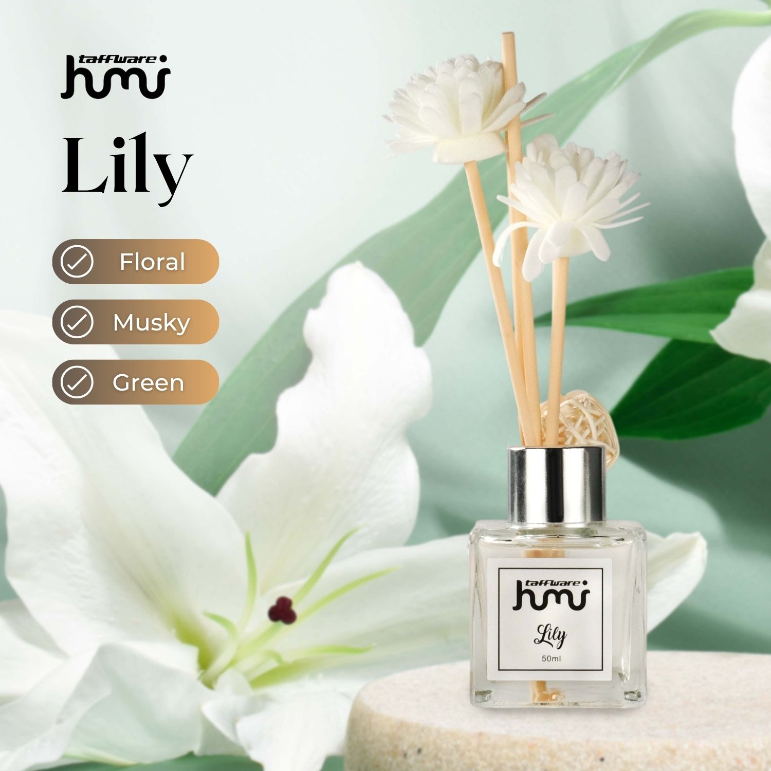 Gambar produk Taffware HUMI Pengharum Ruangan Reed Diffuser with Rattan Sticks 50ml Lily - DF-099