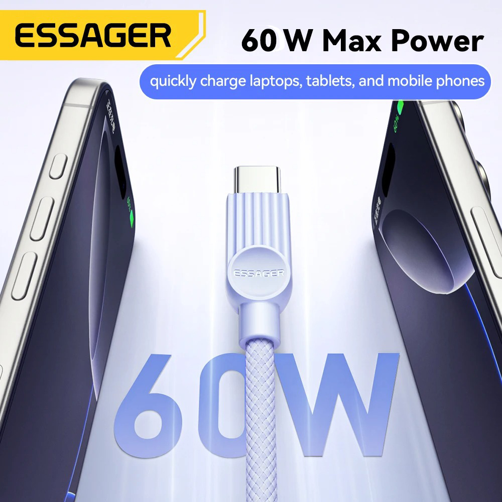 Gambar produk ESSAGER Kabel Data Type C to Type C PD Fast Charging Braided 3A 60W 1M - ES-X73
