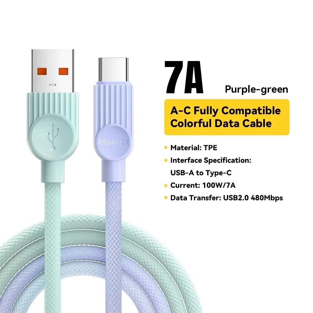 Gambar produk ESSAGER Kabel Data Type C Multifungsi Fast Charging Braided 7A 1M - ES-X73