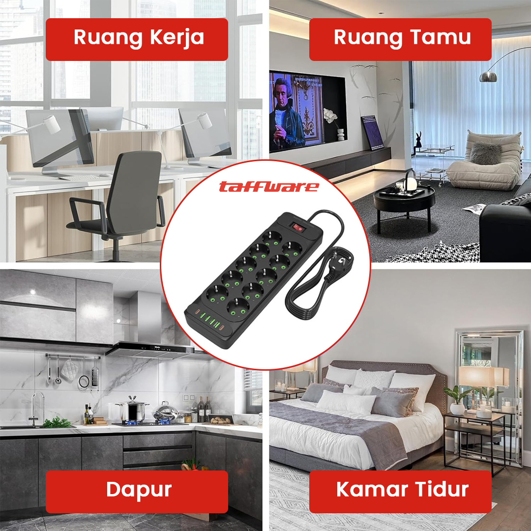Gambar produk Taffware Stop Kontak USB Type C EU Plug 10A 110-250V 2500W 10 Lubang - QL-1077U / QL-1078U
