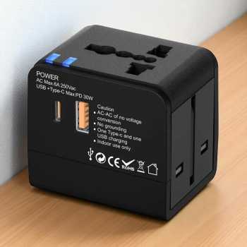 COKYI Travel Adaptor Universal Plug EU UK US/AUST 2.1A USB A USB C - 148-30W-1U1C