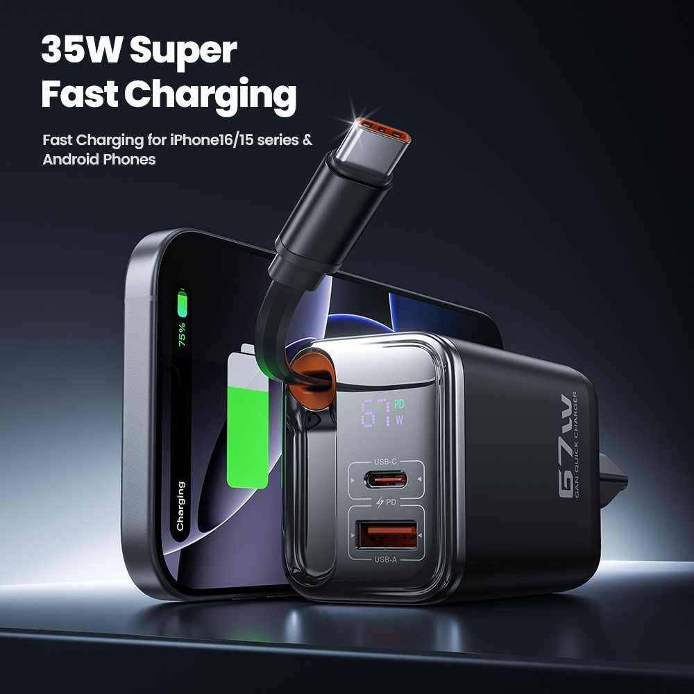 Gambar produk Toocki Fast Charger Digital Display with Retractable USB-C Cable 67W - TCT67-34B1