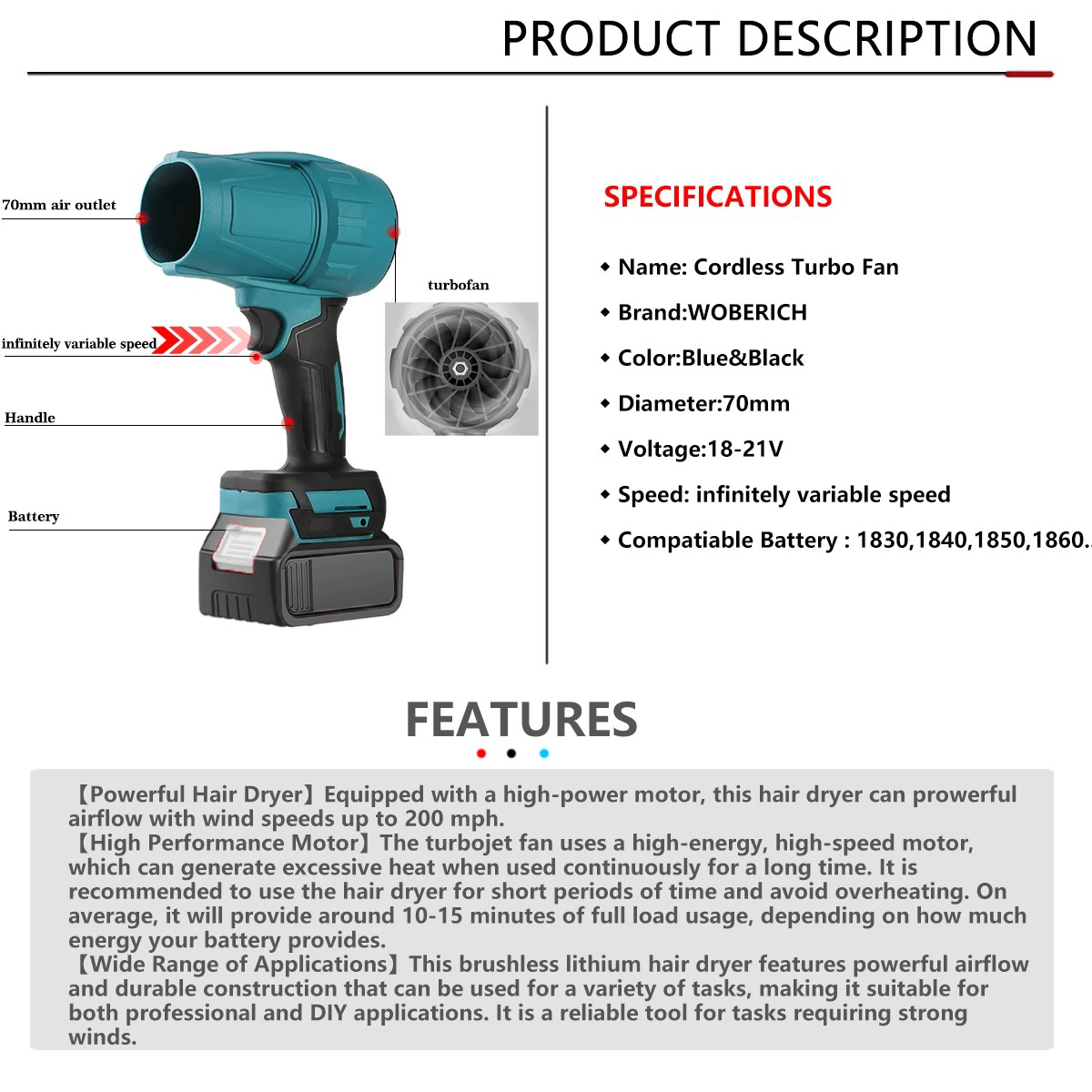 Gambar produk WOBERICH Pembersih Debu Portable Turbo Fan Dust Blower 21V 31000RPM - WH-310