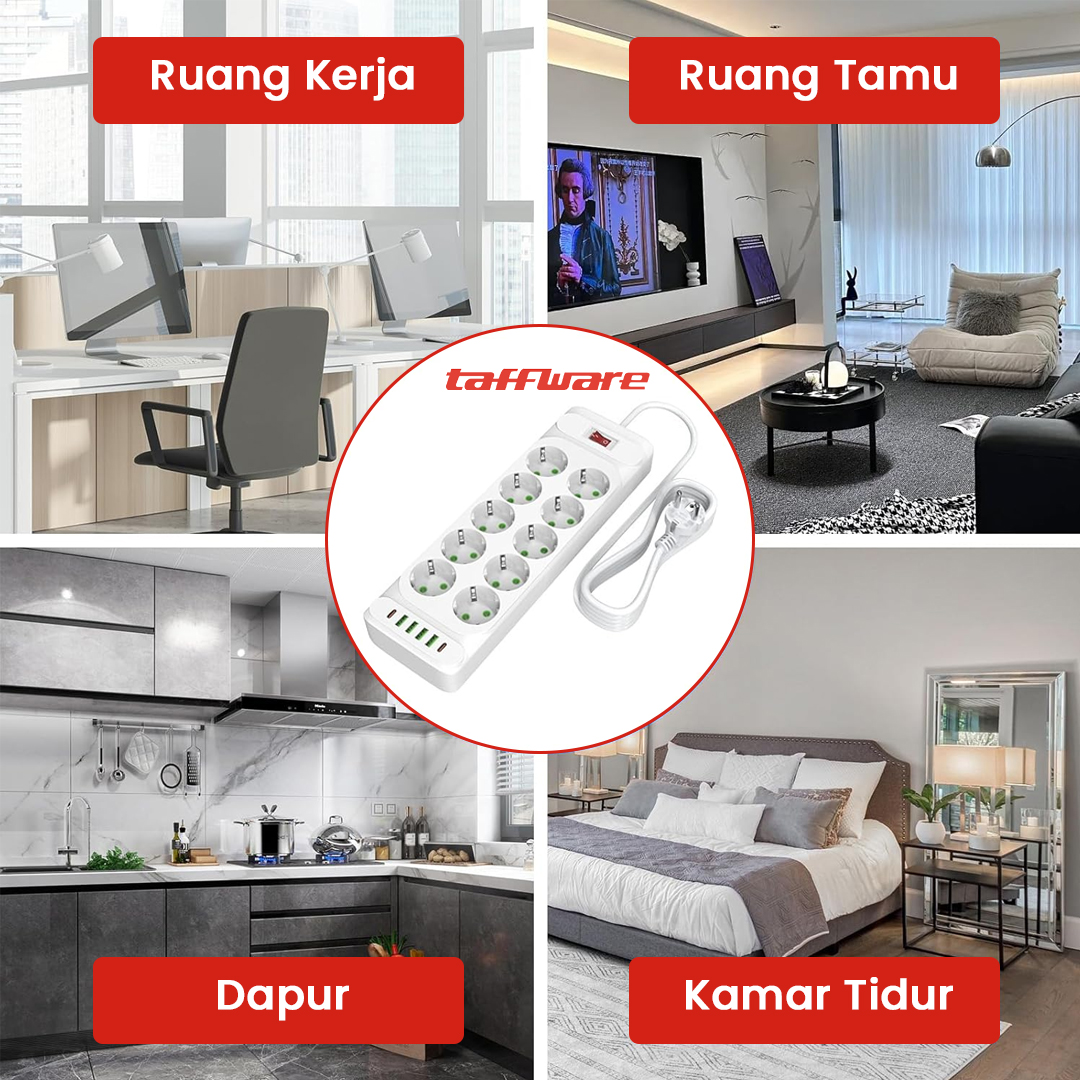 Gambar produk Taffware Stop Kontak USB Type C EU Plug 10A 110-250V 2500W 10 Lubang - QL-1077U / QL-1078U