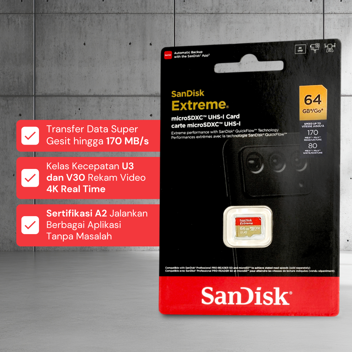 Gambar produk SanDisk Extreme microSDXC V30 A2 U3 64GB-SDSQXAH-064G